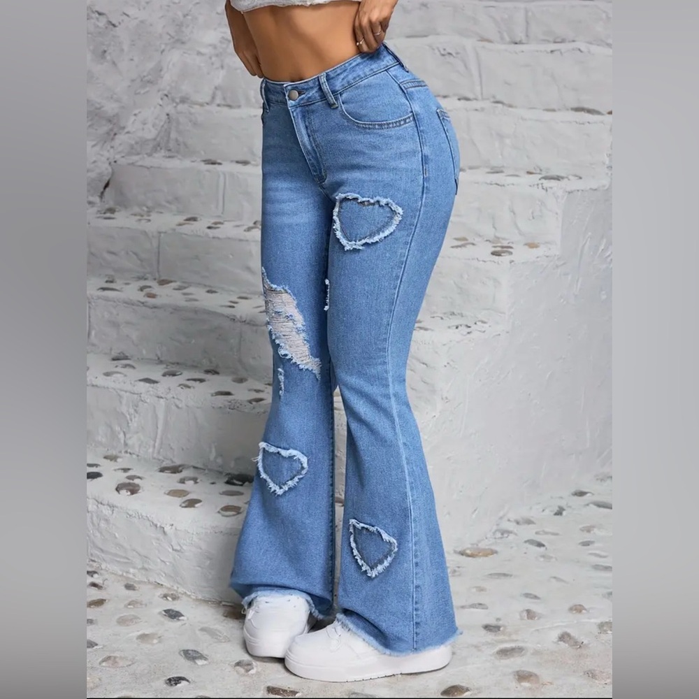 Chic Blue Flare Jeans with Heart Details